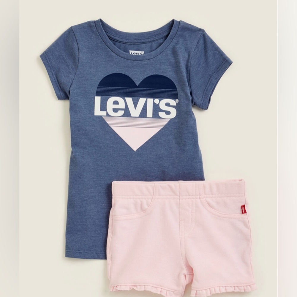New Levi’s Girls Top & Shorts Set 4 XS Pink Blue Heart Outfit